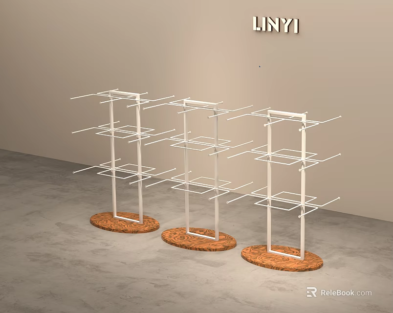 Stylish Clothing Store Display Racks With White Metal Frames And Brown Bases 3d model 