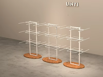Stylish Clothing Store Display Racks With White Metal Frames And Brown Bases 3d model