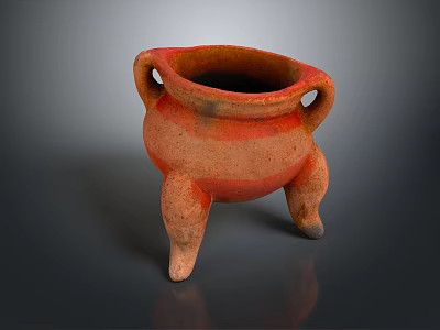 Traditional Three Legged Ceramic Pottery With Two Handles And Red Brown Stripes 3d model