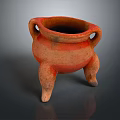 Traditional Three Legged Ceramic Pottery With Two Handles And Red Brown Stripes