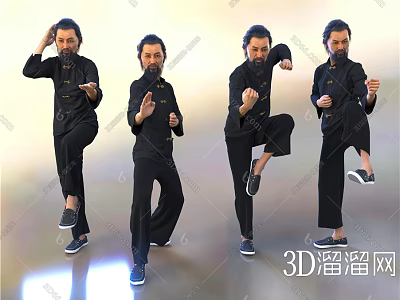 Man In Black Outfit Performing Martial Arts Poses On Shiny Floor 3d model