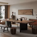 Traditional Chinese Style Tea Table And Chairs With Wooden Stools Decorative Painting And Green Plants