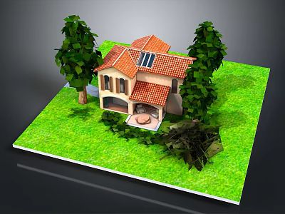 Small House with Red Roof Beige Walls Circular Patio and Green Grass Yard with Trees 3d model