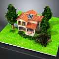 Small House with Red Roof Beige Walls Circular Patio and Green Grass Yard with Trees