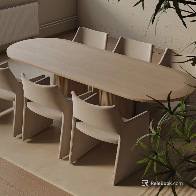 Modern Minimalist Dining Table Set With Oval Wooden Top And Light Colored Chairs 3d model 