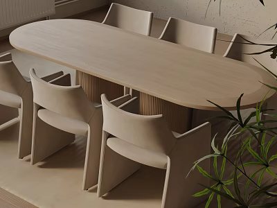 Modern Minimalist Dining Table Set With Oval Wooden Top And Light Colored Chairs 3d model