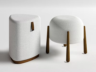 White Fabric Sofa Stools with Brown Wooden Legs Round Top and Side Handle 3d model
