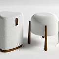 White Fabric Sofa Stools with Brown Wooden Legs Round Top and Side Handle
