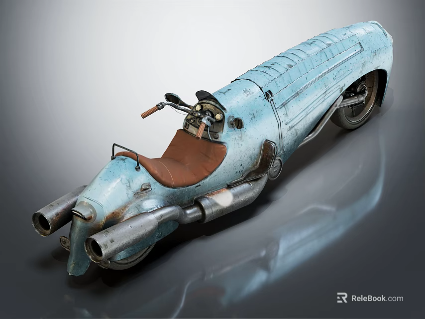 Vintage Blue Tricycle With Brown Leather Seat Metallic Body And Dual Exhaust Pipes 3d model 