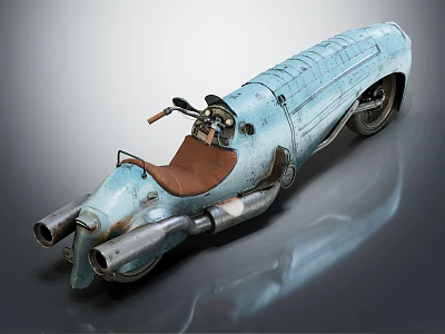 Vintage Blue Tricycle With Brown Leather Seat Metallic Body And Dual Exhaust Pipes 3d model