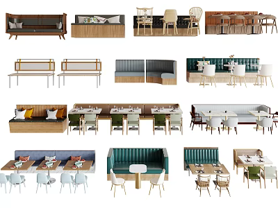 Diverse Public Chairs Design Options With Wooden Frames Upholstered Seats And Tables 3d model