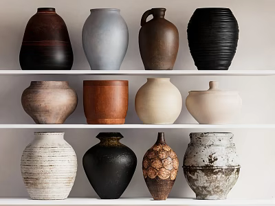 Ceramic Vessels with Various Colors Shapes and Textures on White Layered Shelves 3d model