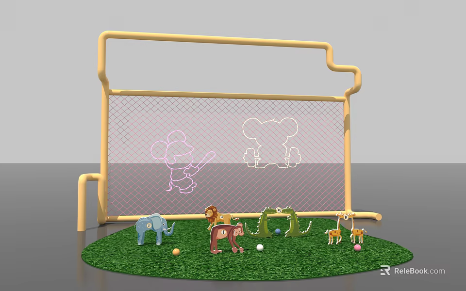 Interactive Area With Yellow Frame Mesh And Cartoon Patterns Animal Shaped Toys On Green Grass 3d model 