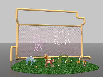 Interactive Area With Yellow Frame Mesh And Cartoon Patterns Animal Shaped Toys On Green Grass 3d model