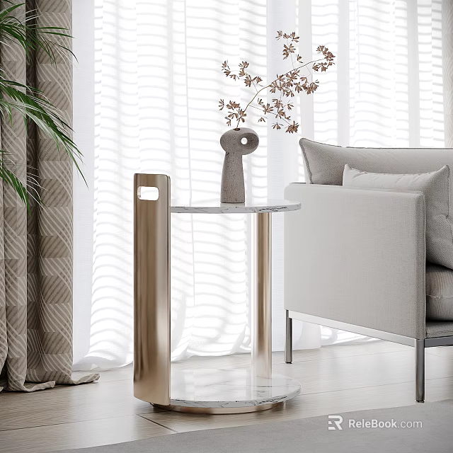 Modern Side Table Placed By Sofa In Living Room With Curtain Plant And Decorative Item 3d model 