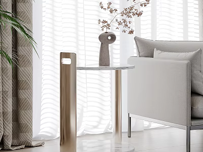 Modern Side Table Placed By Sofa In Living Room With Curtain Plant And Decorative Item 3d model