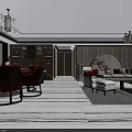 Modern Dining and Living Room Interior With Chandelier Red Chairs Sofa and Large Windows