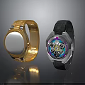 Fashionable Wristwatches With Gold And Black Leather Straps And Colorful Mechanical Dials