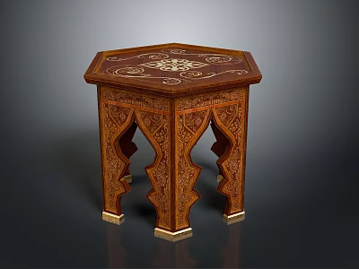 Artistic Wooden Stool With Hexagonal Top And Intricate Carved Patterns 3d model
