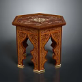 Artistic Wooden Stool With Hexagonal Top And Intricate Carved Patterns 3d model