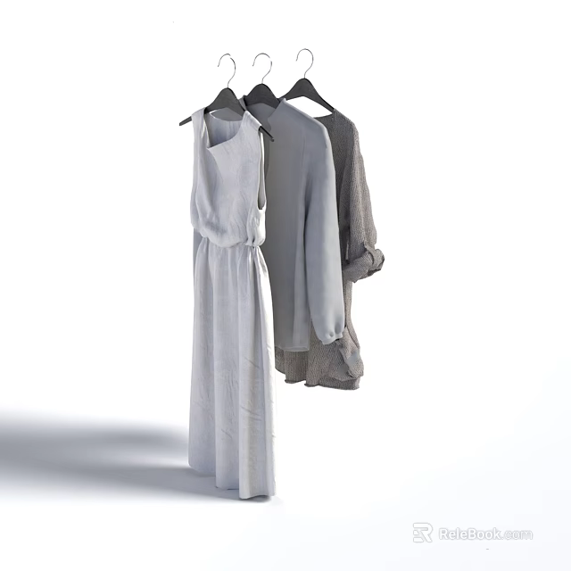 Neutral Colored Clothing Hanging on Hangers Including Long Dress and Long Sleeve Tops 3d model 