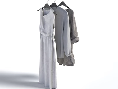 Neutral Colored Clothing Hanging on Hangers Including Long Dress and Long Sleeve Tops 3d model