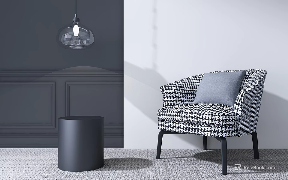 Single Seater Sofa Houndstooth Pattern With Gray Cushion Black Round Side Table Glass Pendant Light 3d model 