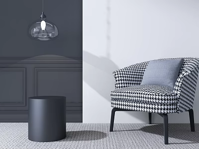 Single Seater Sofa Houndstooth Pattern With Gray Cushion Black Round Side Table Glass Pendant Light 3d model