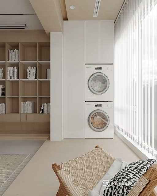 Minimalist Home Balcony With White Bookshelf Washing Machine Dryer Blinds And Beige Floor 3d model 
