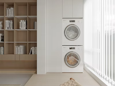 Minimalist Home Balcony With White Bookshelf Washing Machine Dryer Blinds And Beige Floor 3d model
