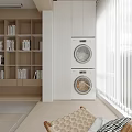 Minimalist Home Balcony With White Bookshelf Washing Machine Dryer Blinds And Beige Floor