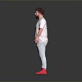 Man Wearing White T Shirt Light Blue Jeans and Red Shoes on Gray Reflective Floor