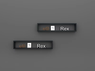 Gray Wall Decor With Black Shelves Featuring White Rex Text and Round Small Items 3d model