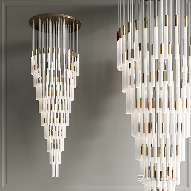 Modern Layered Cone Shaped Chandelier With White Glass And Gold Accents For Interior Decor 3d model 