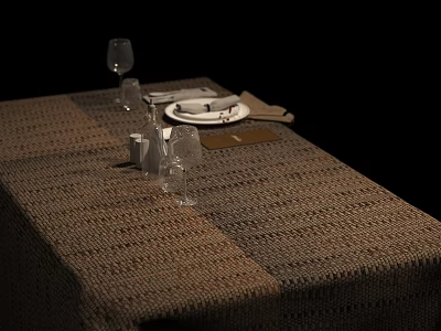 Elegant Dining Table Setting Featuring Woven Texture Tablecloth Tableware Wine Glasses And Napkins 3d model