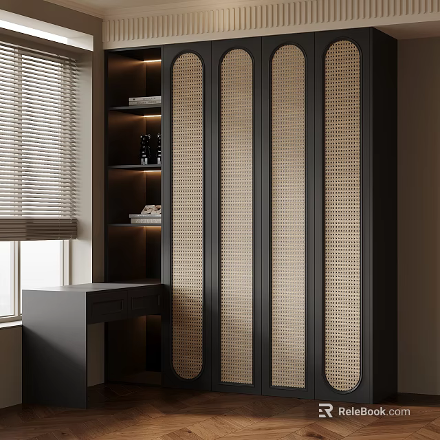 Modern Dark Colored Bookcase With Woven Doors And Wooden Desk Near Window Blinds 3d model 