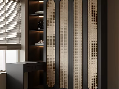 Modern Dark Colored Bookcase With Woven Doors And Wooden Desk Near Window Blinds 3d model