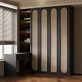 Modern Dark Colored Bookcase With Woven Doors And Wooden Desk Near Window Blinds