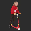 Cute Girl Riding Red Scooter Wearing Red Sweater Brown Pants Black Boots On Gray Background