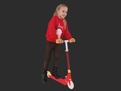 Cute Girl Riding Red Scooter Wearing Red Sweater Brown Pants Black Boots On Gray Background 3d model