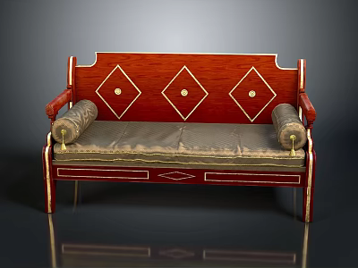 Elegant Red Wooden Sofa With Diamond Patterns Gray Cushion And Gold Accents On Frame And Armrests 3d model