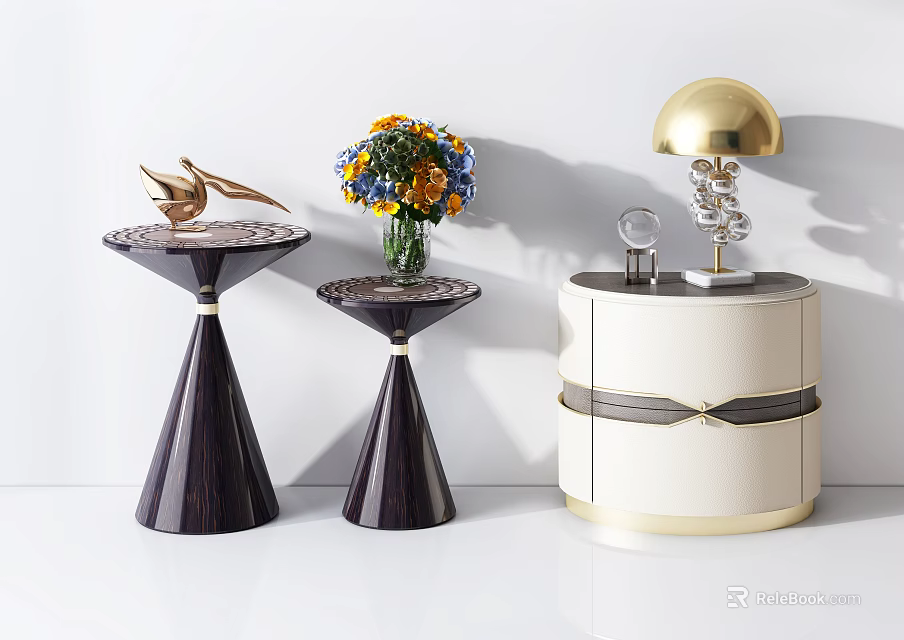 Modern Round Side Tables With Golden Decor Flowers And White Cabinet 3d model 