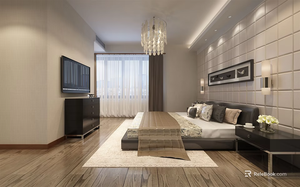 Modern Hotel Guest Room Interior With Comfortable Bed TV Chandelier And Wooden Floor 3d model 