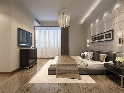 Modern Hotel Guest Room Interior With Comfortable Bed TV Chandelier And Wooden Floor 3d model
