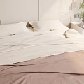 Modern Bedroom Interior With Wooden Floor Large Windows City View And Checkerboard Wall Art