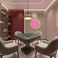 Modern Hotel Mahjong Room With Blue Walls Sofa Seating Mahjong Table And Neon Decor