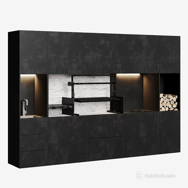 Modern Matte Black Kitchen Cabinets Interior Design With Lighting And Open Shelving 3d model 