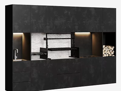 Modern Matte Black Kitchen Cabinets Interior Design With Lighting And Open Shelving 3d model