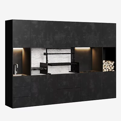 Modern Matte Black Kitchen Cabinets Interior Design With Lighting And Open Shelving 3d model