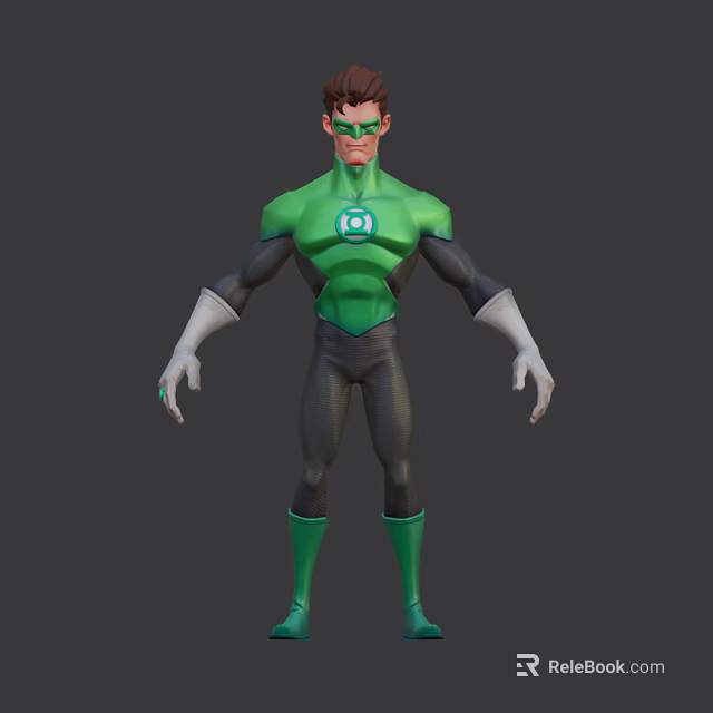 Green Lantern Superhero Character With Green Costume White Gloves And Glowing Chest Emblem 3d model 